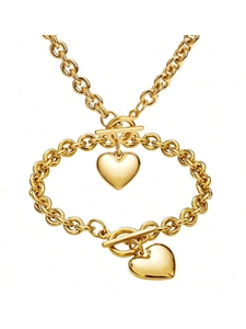 Set aus goldener Edelstahl-Halskette und Armband mit Herzanhänger und Knebelverschluss