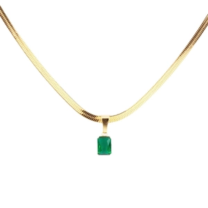 Minimalist gold snake chain necklace featuring a rectangular emerald green zircon pendant