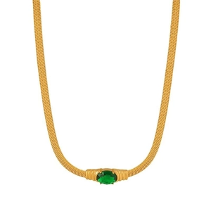Detailed view of gold plated herringbone chain with an oval emerald green gemstone