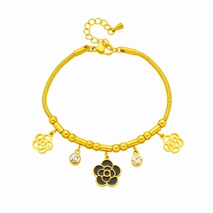 Golden snake chain bracelet featuring black camellia and diamond flower charms