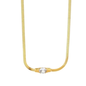 Flat gold snake chain necklace with an oval clear zircon stone in 18K gold plated steel