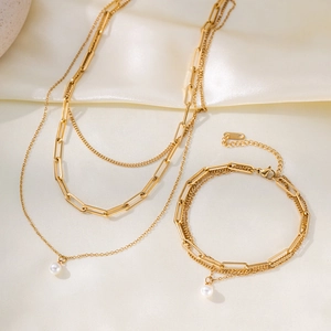 Collier Et Bracelet Superposés En Acier Inoxydable Avec Chaîne Trombone Et Pendentif En Künstliche Perle D'Imitation Pour Femmes