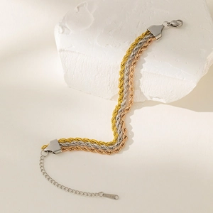 Dreifarbiges gedrehtes Seilkette Armband aus Gold, Silber und Roségold Edelstahl