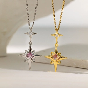 Edelstahl Sternschliff Anhänger Halskette Für Damen Gold Silber Plattiert Rosa Quadratischer Edelstein Zirkonia Stern Schmuck Geschenk