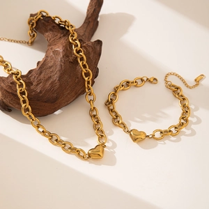 Stainless Steel Gold Heart Pendant Necklace And Bracelet Thick Cuban Chain Fashion Jewelry For Women INS Style