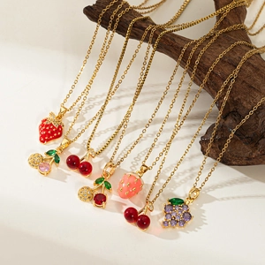Sweet Titanium Steel Gold Plated Fruit Pendant Necklace For Women Cherry Strawberry Grape Durian Zirconia Fashion Jewelry Gift