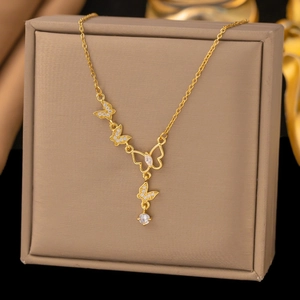 Titanium Steel Copper Butterfly Pendant Necklace For Women Rhinestone Tassel Clavicle Chain Sweet Forest Style Jewelry Gift