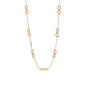 Elegante collana in acciaio dorato con simboli dell'infinito e texture a corda intrecciata