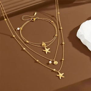 Set Gioielli in Acciaio Inossidabile Stile Marino Con Perla Artificial Sintetica Stella Marina Conchiglia Collana E Cavigliera Donna