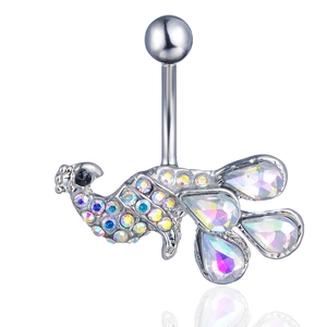 Piercing de nombril en forme de paon en acier inoxydable avec cristaux et reflet miroir