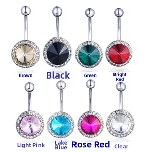 Detail view of 8-piece belly button rings set with colorful rhinestone pave surrounds