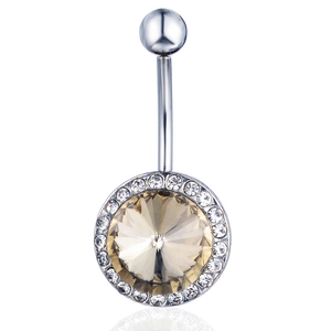 Detail of silver belly ring with champagne round gemstone and crystal pavé accents