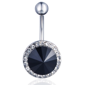 Detailed close-up of a silver navel ring with a large black gem and zircon accents