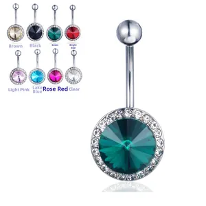 Detail view of round rhinestone navel rings in 8 colors with polished steel finish