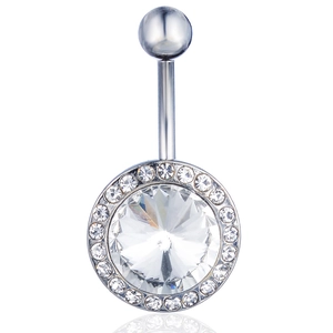 Silver belly button ring with large round central zircon and sparkling rhinestone halo