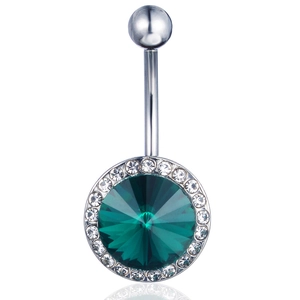 Silver curved belly button ring with emerald green center stone and diamond halo