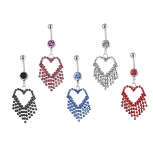 Heart Tassel Rhinestone Belly Button Ring Copper Stainless Steel 316 Curved Bar Piercing Body Jewelry Fashion For Women