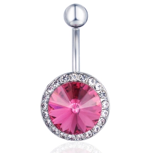 Silver belly button ring with large pink round gem and sparkling crystal halo setting
