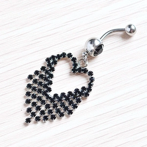 Polished silver navel piercing ring with black heart pendant and sparkling rhinestones