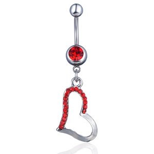 Silver belly button ring with sparkling red heart pendant and encrusted rhinestones