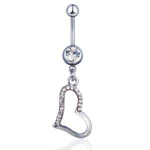 Silver heart belly button ring with sparkling crystals and a dangling hollow heart pendant