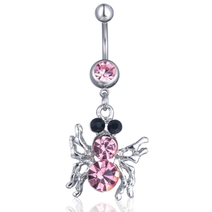 Piercing para ombligo con diseño de araña rosa y brillantes en acero plateado