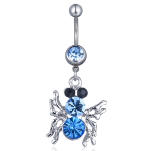 Piercing de ombligo de araña con cristales azul claro y acabado en metal plateado