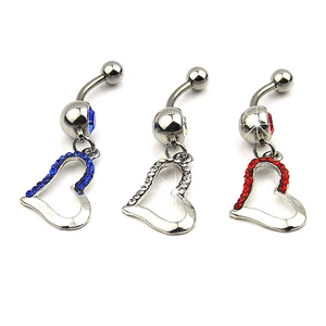 Three-piece heart navel ring set with sparkling blue, white, and red crystal heart pendants
