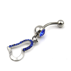 Detail of heart dangle belly ring with blue faceted gem and sparkling starburst effect