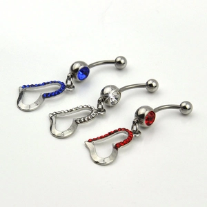 Three-piece heart navel rings with sparkling crystals in blue, white, and red