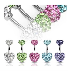 Lot de piercings de nombril en acier 316L avec double cœur en strass, cinq couleurs