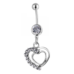 Silver belly button ring with sparkling crystal heart pendant on white background