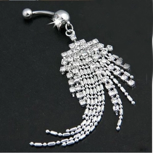 Silver stainless steel belly ring featuring long tassel fringe with sparkling rhinestones