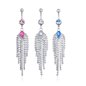 Sparkling crystal tassel navel rings in pink, clear, and blue colors on a white background