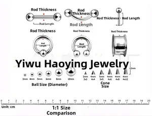 Guide des tailles pour piercings de langue en acier inoxydable avec échelle de mesure