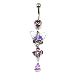 Purple butterfly belly button ring with flower and teardrop dangle on white background