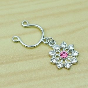 U-shaped adjustable nipple ring with snowflake pendant and pink rhinestone accents