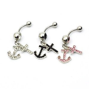 Surgical Steel Alloy Cross Anchor Belly Ring Rhinestone Inlaid Navel Piercing Jewelry For Women Religious Nautical Style