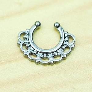 Vintage horseshoe faux nose ring with dark silver filigree lace and bead design