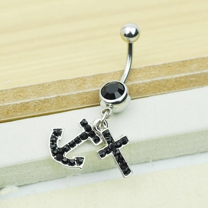 Silver belly button ring with anchor and cross pendants and black rhinestone accents