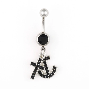 Detailed view of silver cross and anchor belly ring with black pavé crystals