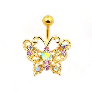 Golden butterfly belly button ring with purple and AB rhinestones on white background