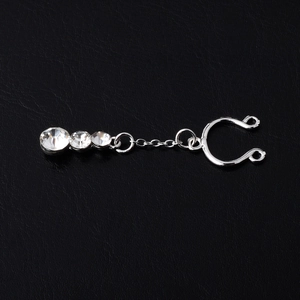 Non-piercing silver U-shaped clip body jewelry with cascading clear crystals and chains