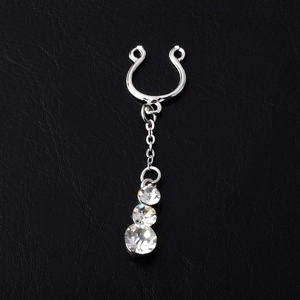 Polished silver non-pierced nipple ring with three crystal rhinestones on black leather