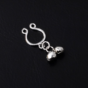 Adjustable silver non-piercing nipple ring with dual polished metal bell pendants