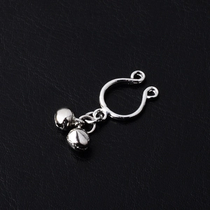 Silver non-piercing U-shaped nipple ring with dangling metal bells on black leather
