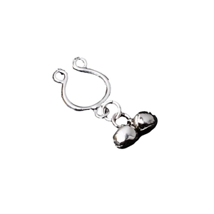 Silver non-piercing U-shaped body clip with dual round bell pendants on a white background