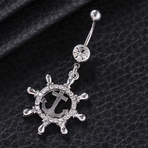 Polished silver navel ring with nautical ship wheel and anchor pendant with rhinestones