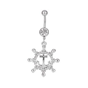 Nautical Anchor Helm Belly Ring For Women Alloy Rhinestone Inlaid Piercing Body Jewelry Exquisite Sailor Style Navel Stud Jewelry
