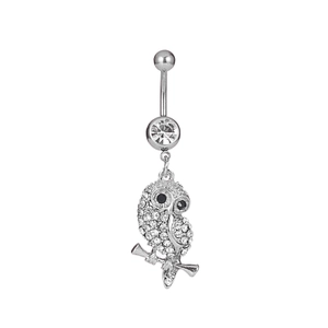 Silver owl navel ring featuring shimmering crystals and a center rhinestone on white background